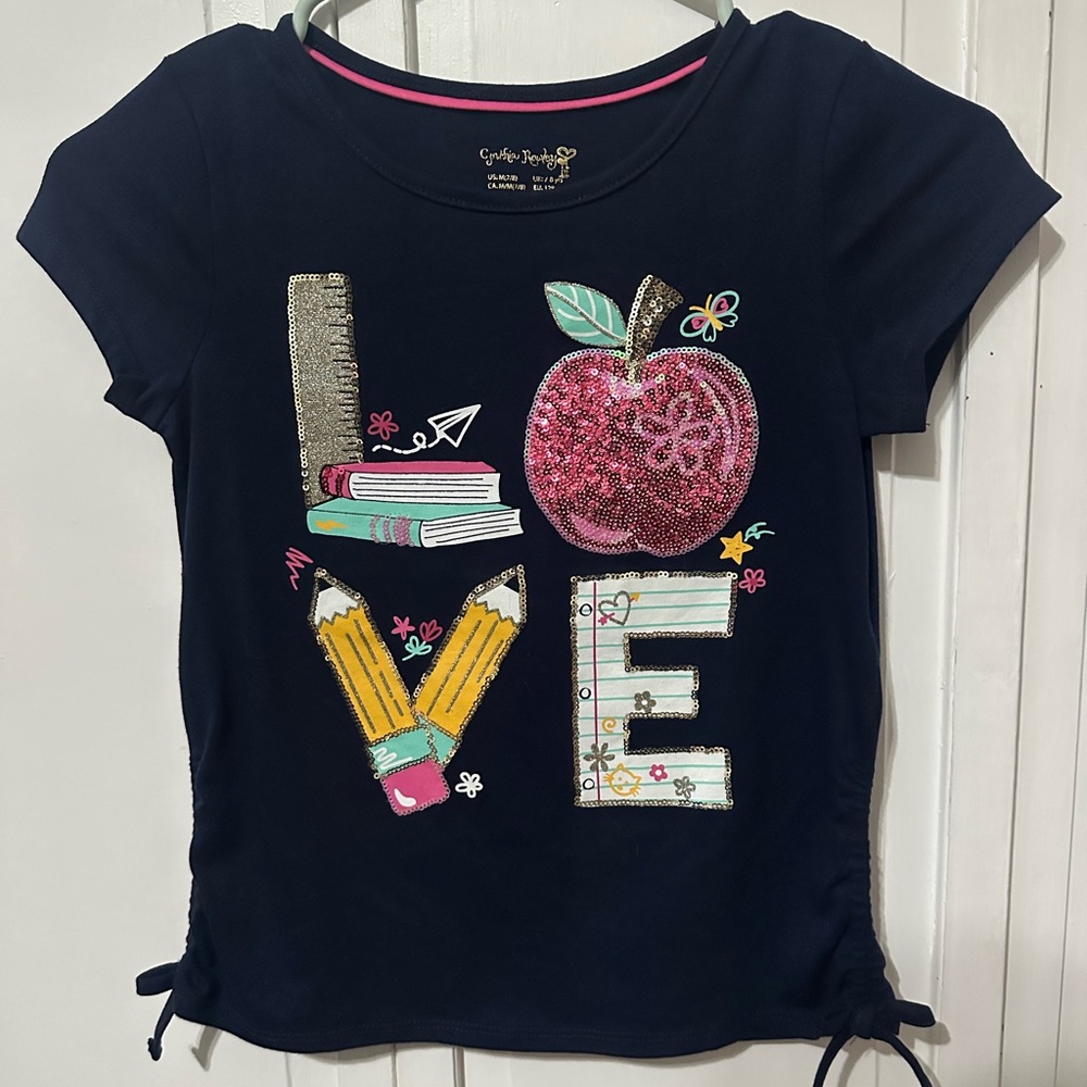 Cynthia Rowley Navy Love Graphic Tee with Apple and Pencil Design Size 7/8